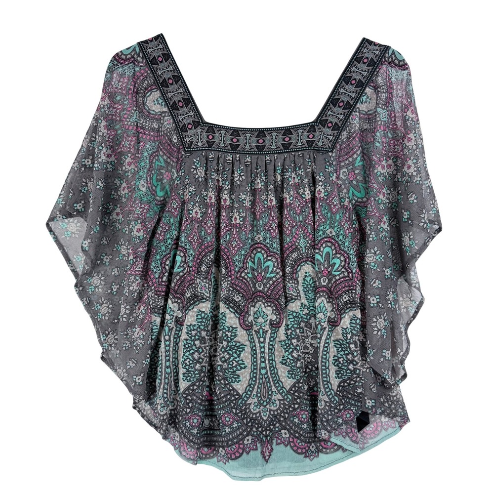 INC International Concepts Vintage Y2K 90s Boho Paisley Sheer Batwing Poncho Top